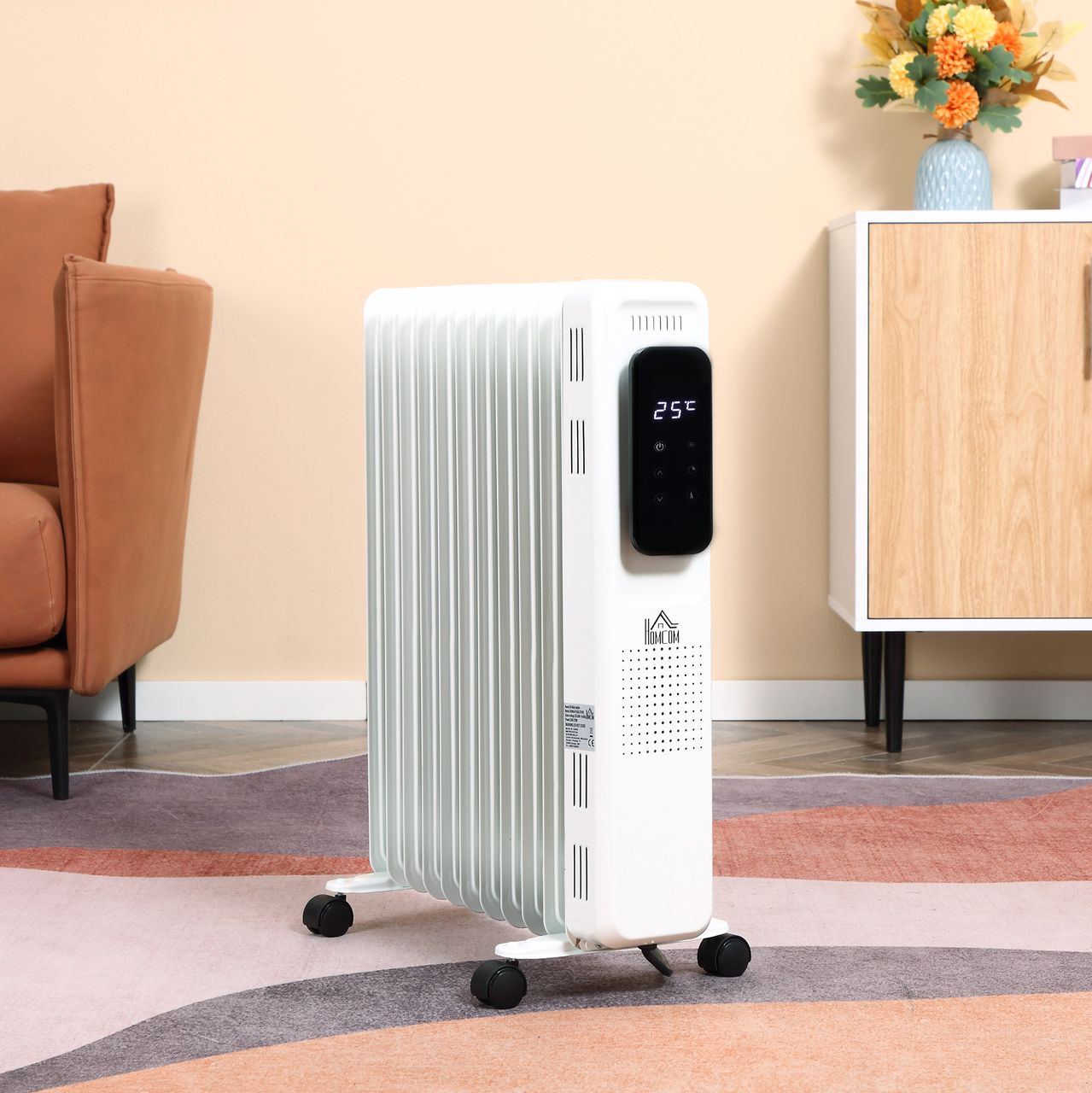 HOMCOM Ölradiator tragbar elektrisch Heizkörper 2290-2720W 3 Heizstufen 24-Stunden-Timing elektrische Heizung 11 Heizplatten mit 4 Rollen Weiß Metall 50,5 x 24 x 63 cm