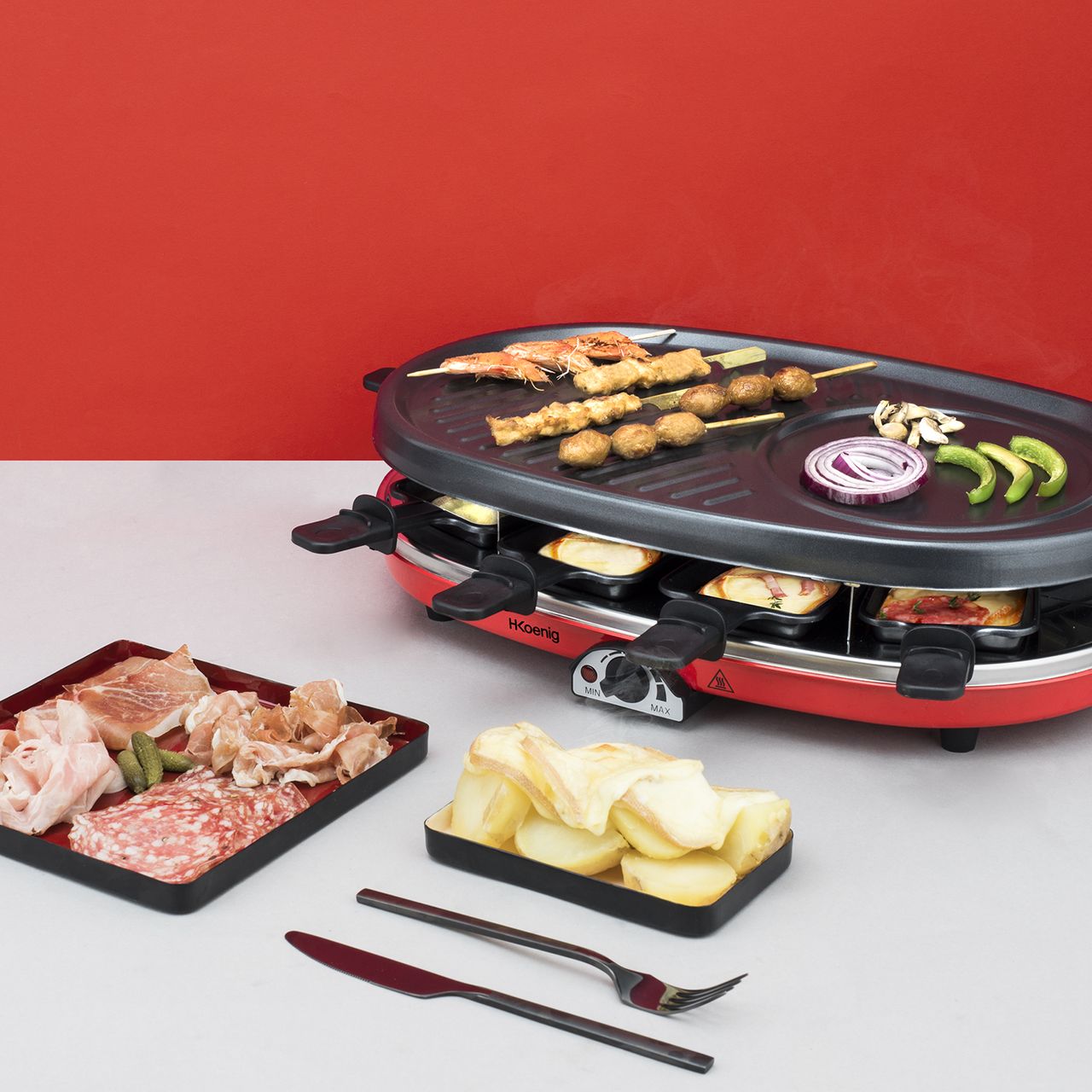 H.Koenig Raclette RP418 für 8 Personen mit Granitstein und Grill, 1500W