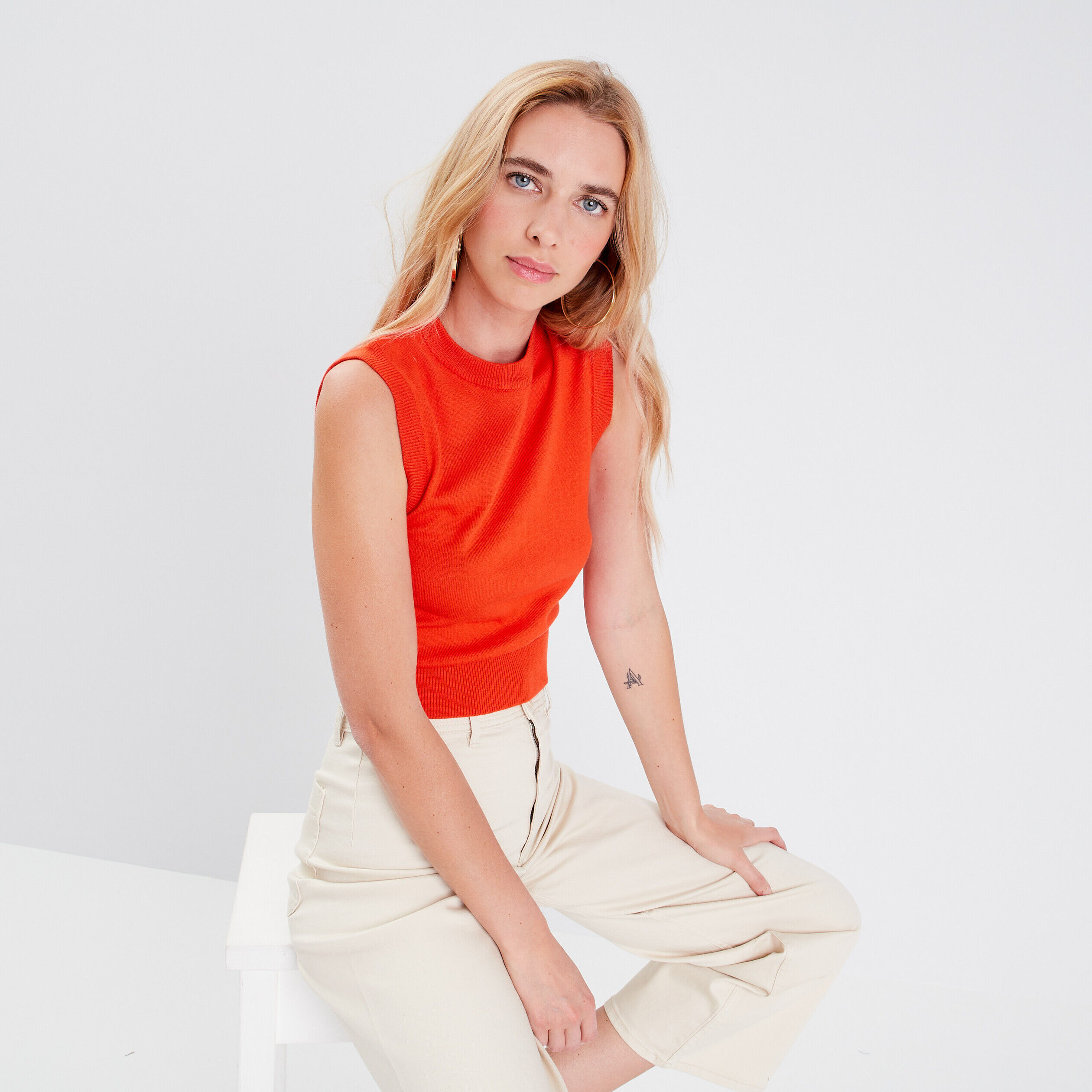 Pull débardeur sans manches orange femme | Cache Cache
