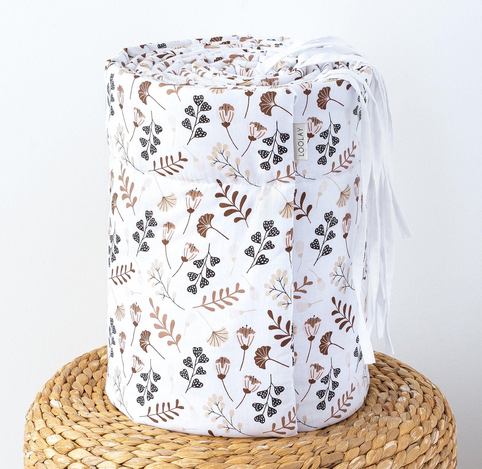 Loolay Bettnestchen PREMIERE! Blumenwiese BRAUN Bettumrandung 420, 360, 210, 180 x 30cm, (Babynestchen Bettsprossen Kopfschutz Baby Blumen Wiese BABYNEST, 100% Baumwolle Babybett Bettschutzgitter Umrandung), LOOLAY® - 100% Europäische Stoffe und Klei