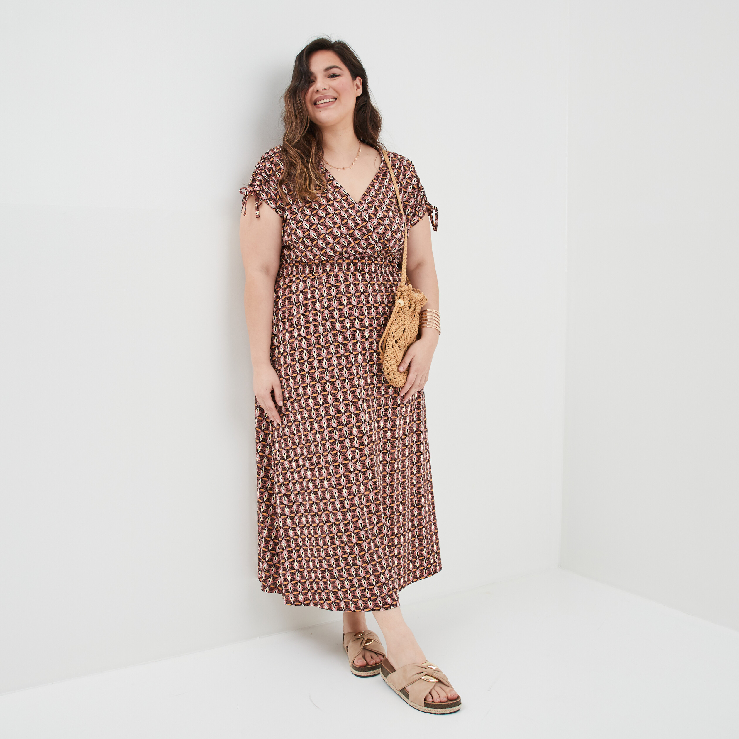 Robe longue smockée col cache-coeur vieux rose femme grande taille | La Halle