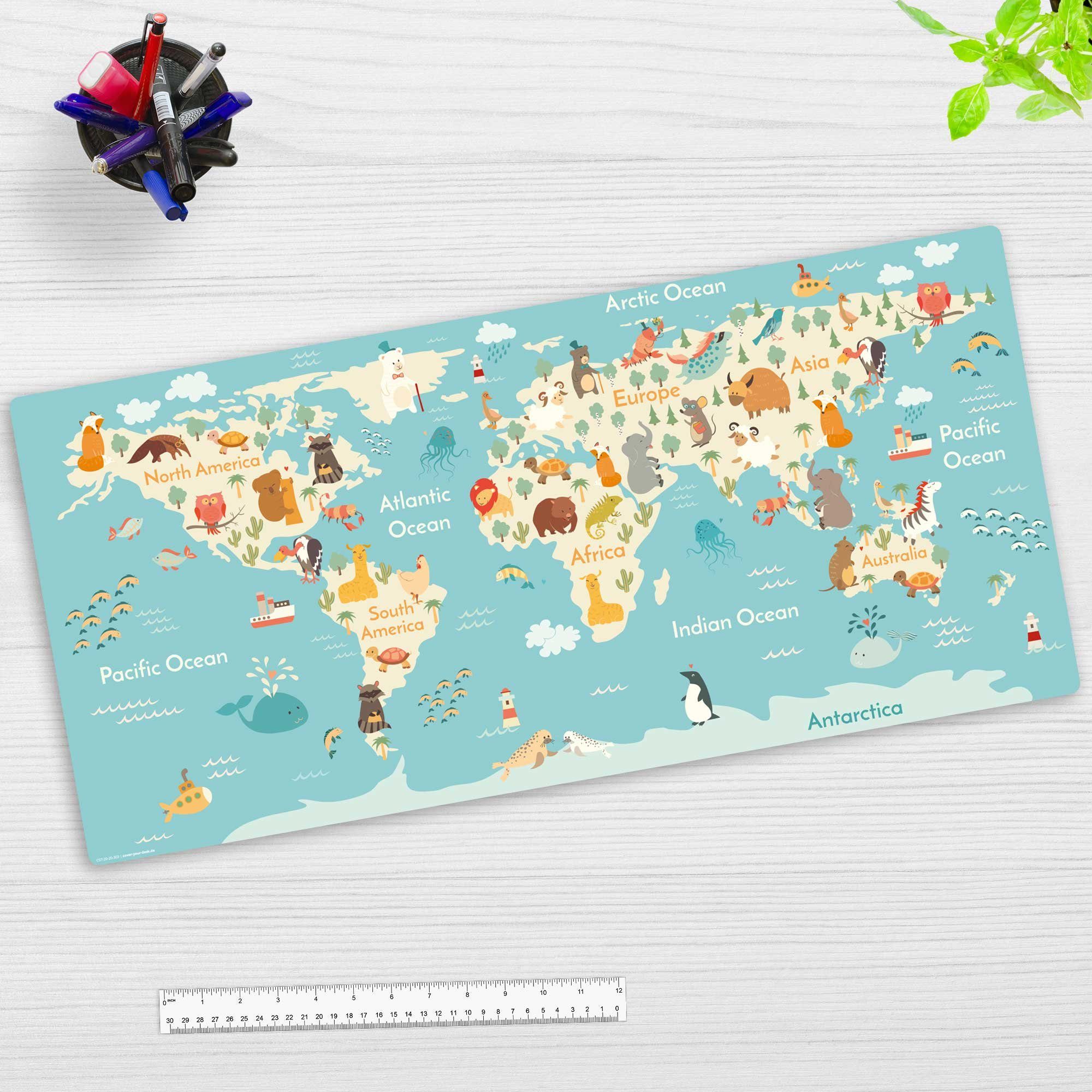 cover-your-desk.de Schreibtischaufsatz Schreibtischunterlage für Kinder und Schüler - Weltkarte, (1-St), - 84 x 40 cm – aus hochwertigem Vinyl