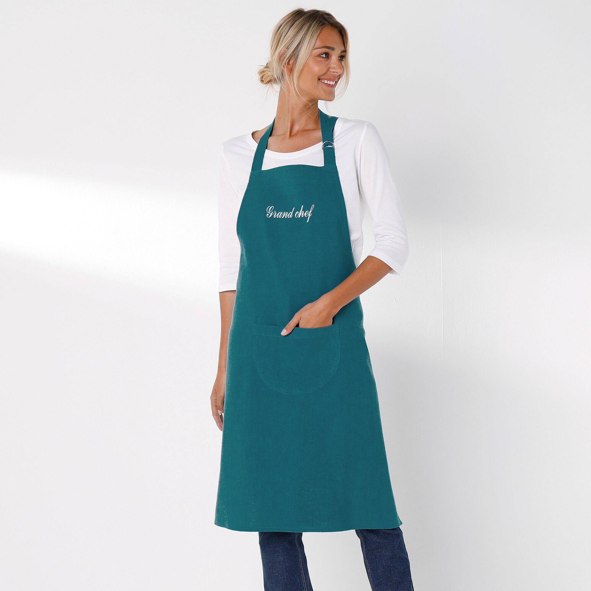 Tablier bavette coton et lin uni personnalisable