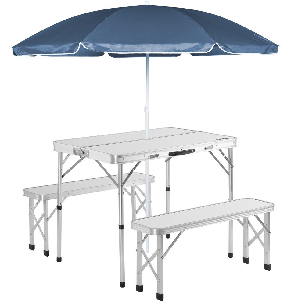 Casaria Campingtisch (3-St), Klappbar mit 2 Bänken 3 tlg Set Tragbar Aluminium Weiß