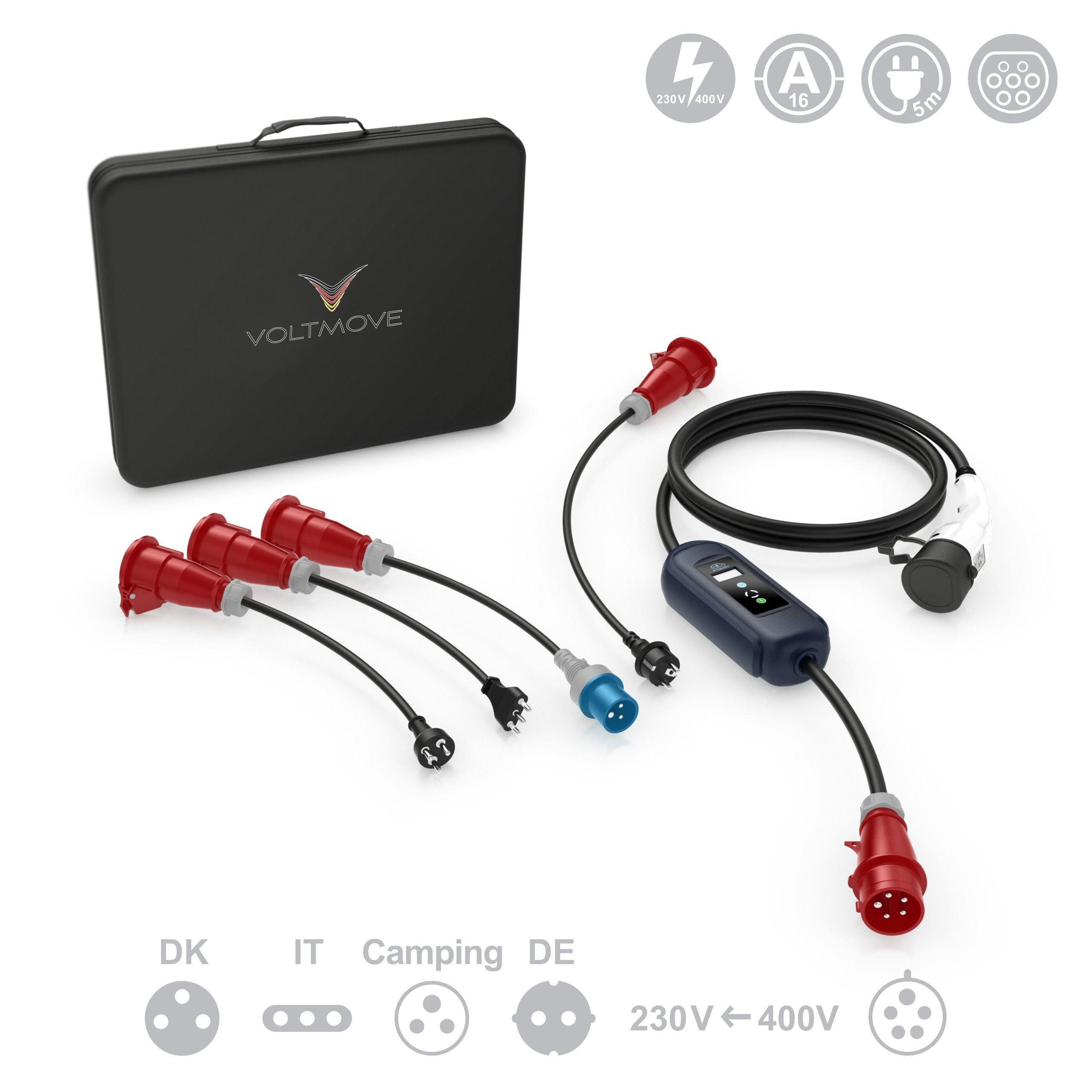 VOLTMOVE mobile Elektroauto-Ladestation Typ 2 auf CCE16 3P mit mobiler Wallbox, 11,00kW / 16A, Reise-Set mit 4 Adaptern, Wandhalterung & Koffer