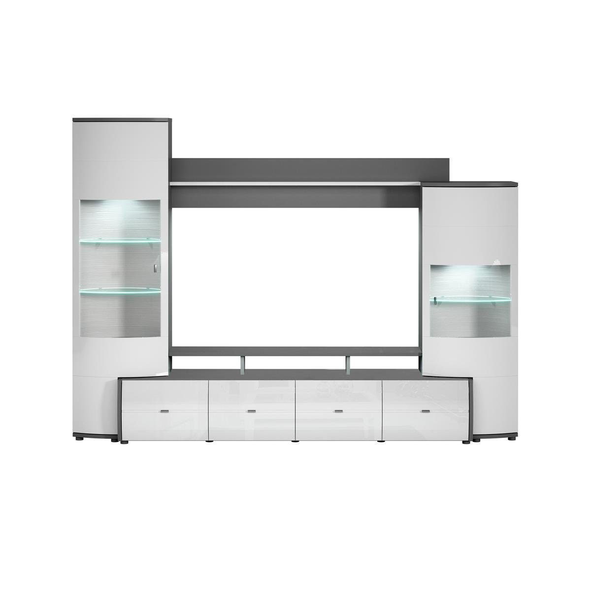möbelando Wohnwand Gate, Moderne Wohnwand, Front aus MDF in Weiß Hochglanz, Korpus aus melaminharzbeschichteter Spanplatte in Anthrazit, bestehend aus 1 TV-Lowboard, 1 Wandboard und 2 Vitrinen, mit insgesamt 2 Türen, 7 Schubladen und 9 Einlegeböden,