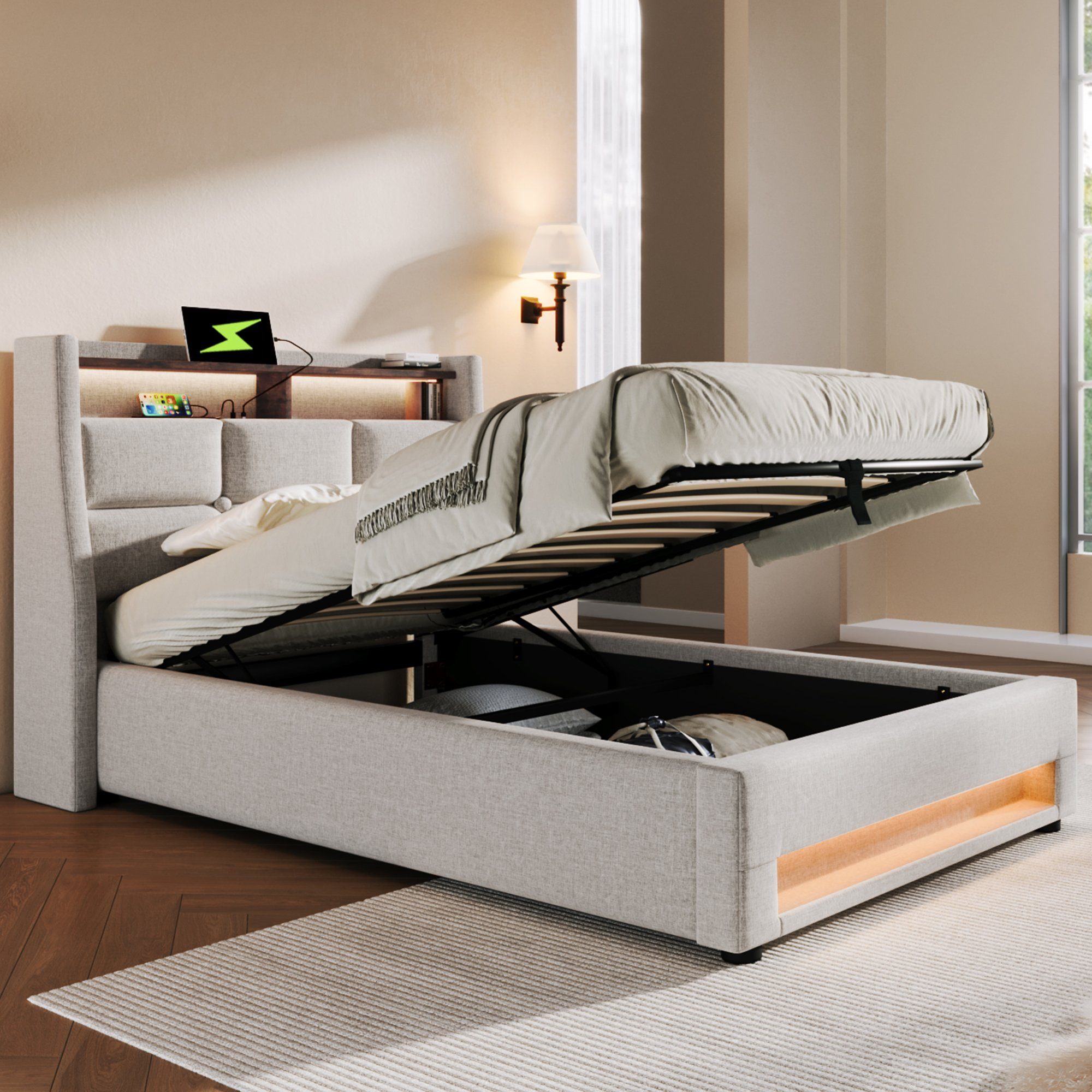 REDOM Polsterbett (LED Doppelbett Jugendbett mit USB Ladeanschluss, Jugendbett), 90x200cm, Ohne Matratze