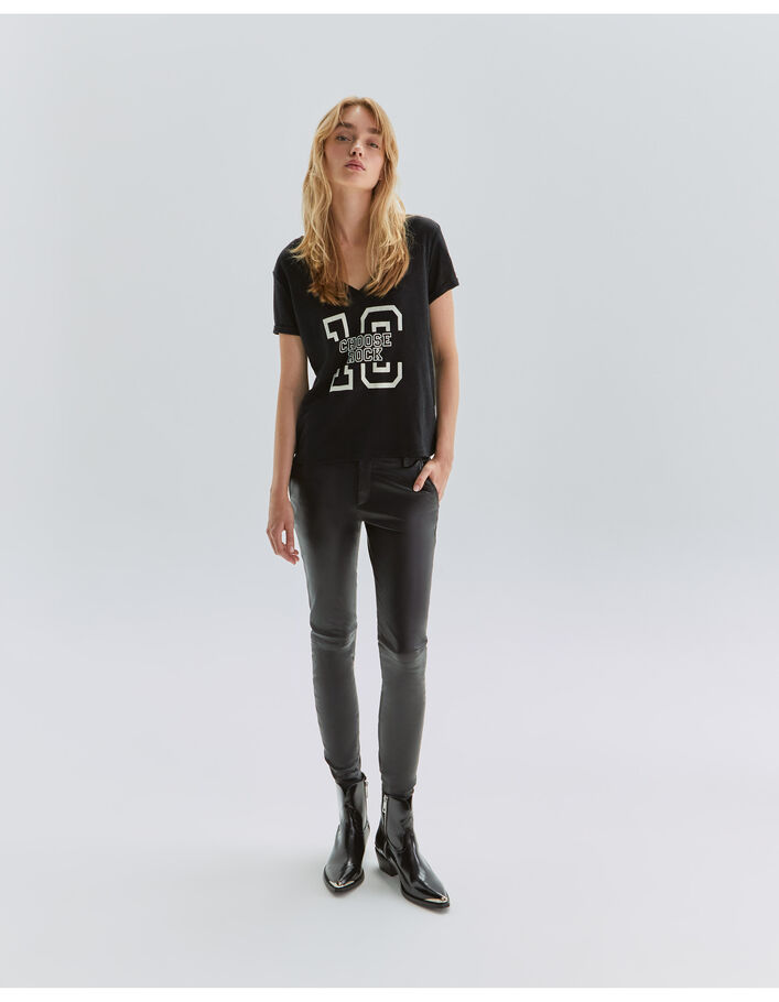 Tee-shirt noir en maille de lin à message Femme