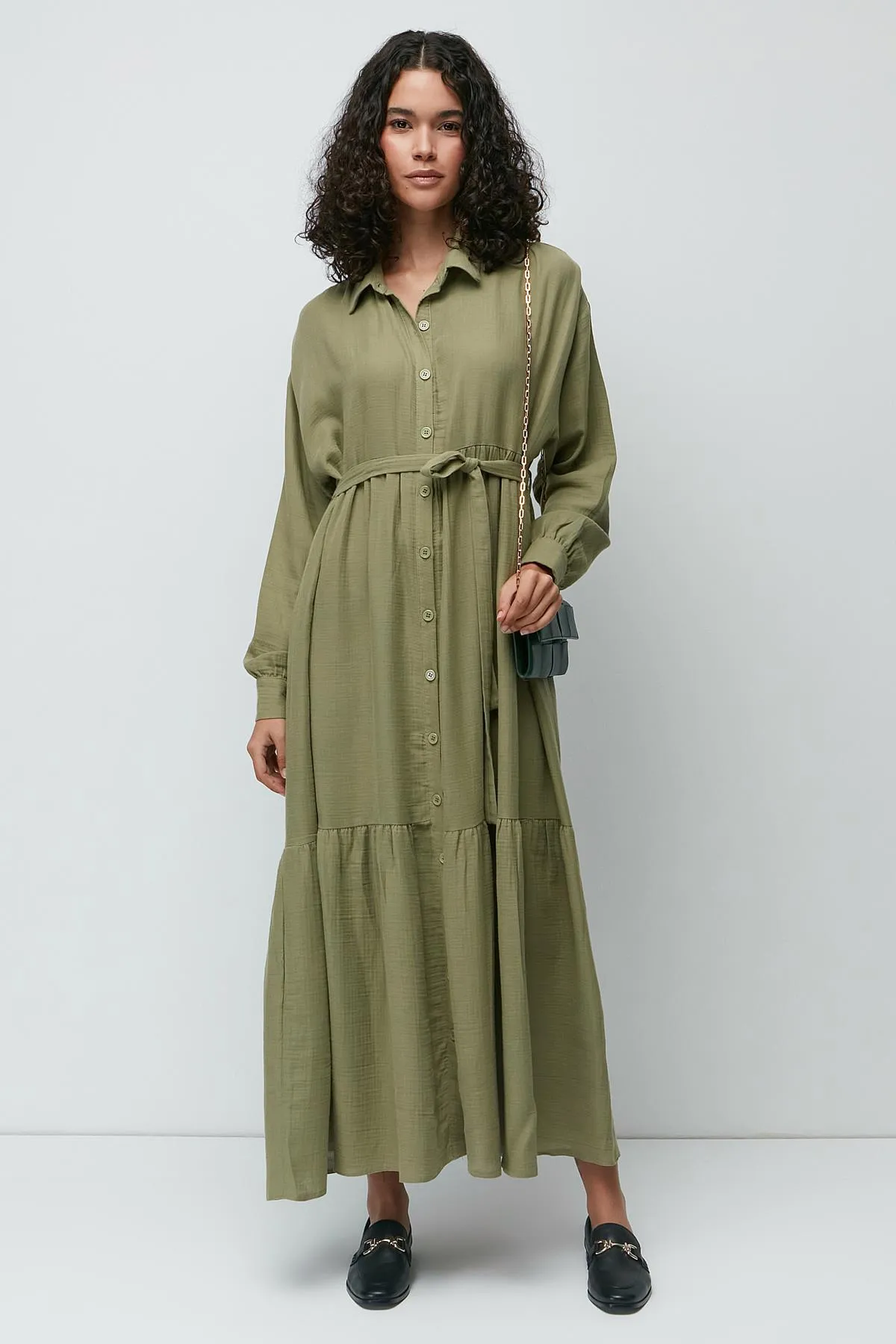 C&City  Langarmkleid aus Bio-Baumwollmusselin 9128 Khaki