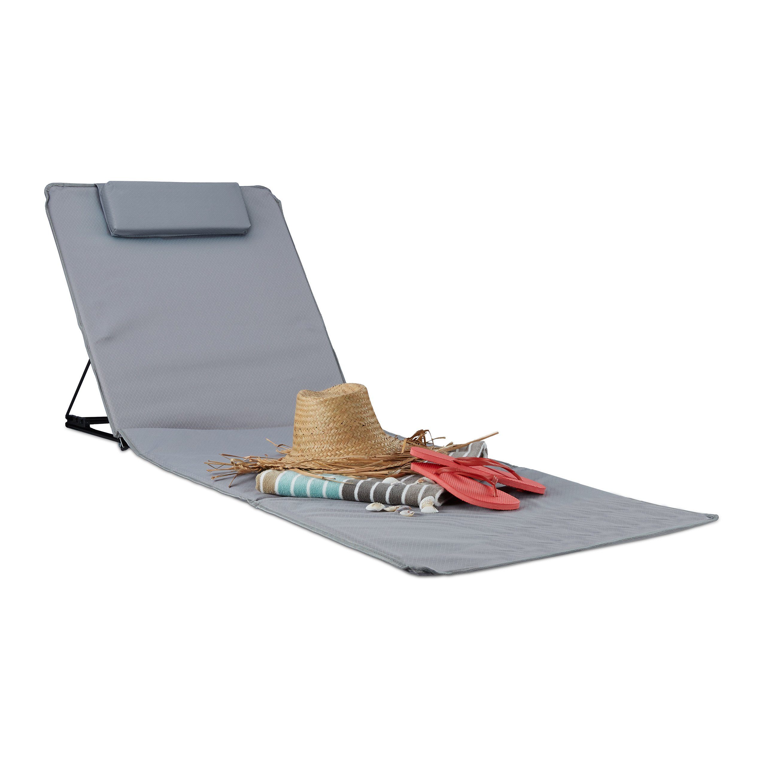 relaxdays Strandtuch Strandmatte XXL mit Kopfkissen, Grau