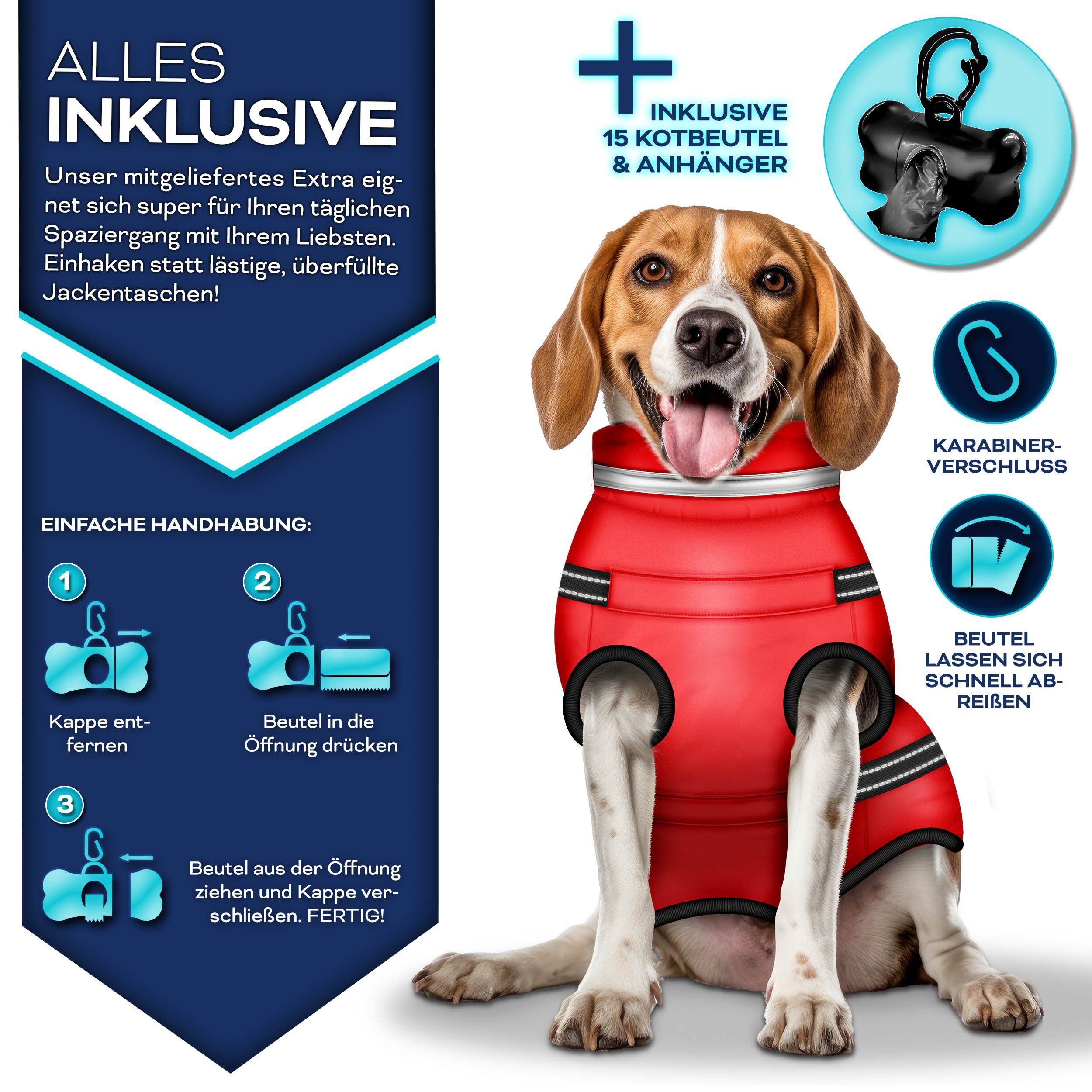 TRESKO Hundejacke Winter mit Reflektoren inkl. 15 Stück Kotbeutel, + Spender Hunderegenmantel wasserdicht Hundemantel mit Geschirr Weste
