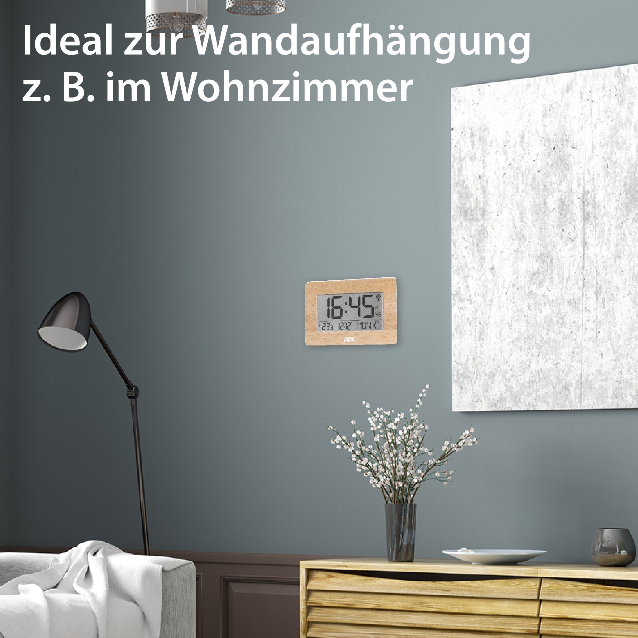 ADE Funktischuhr Digitale Tischuhr und Wanduhr mit großem Display Funkuhr aus Bambus mit Temperaturanzeige, digitaler Wecker, Kalender