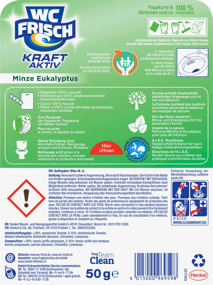 WC Frisch Kraft Aktiv Pro Nature Minze und Eukalyptus, WC-Reiniger, Duftspüler WC-Reiniger