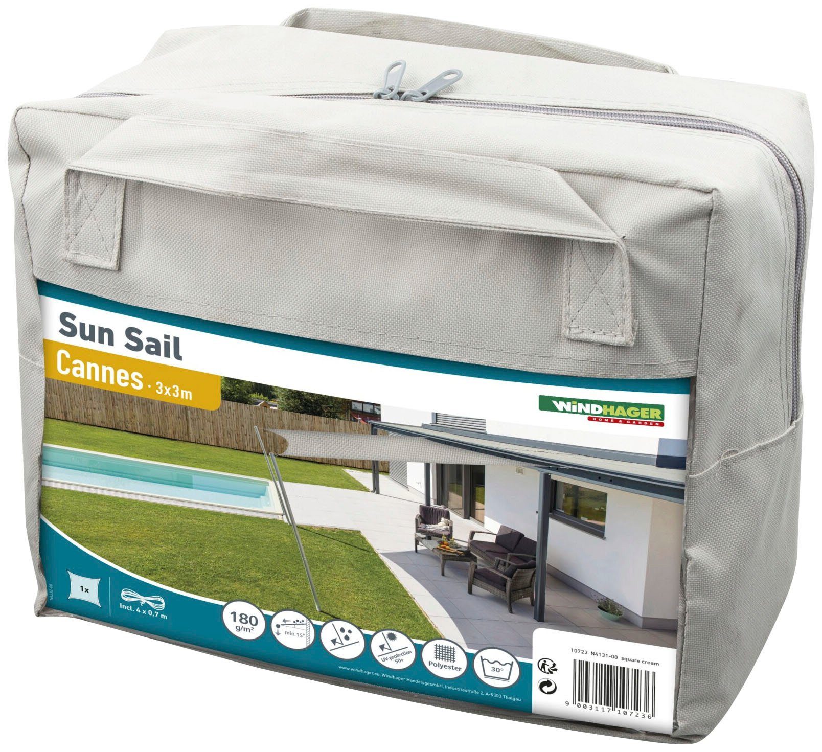 Windhager Sonnensegel Cannes Quadrat, 3x3m, grau