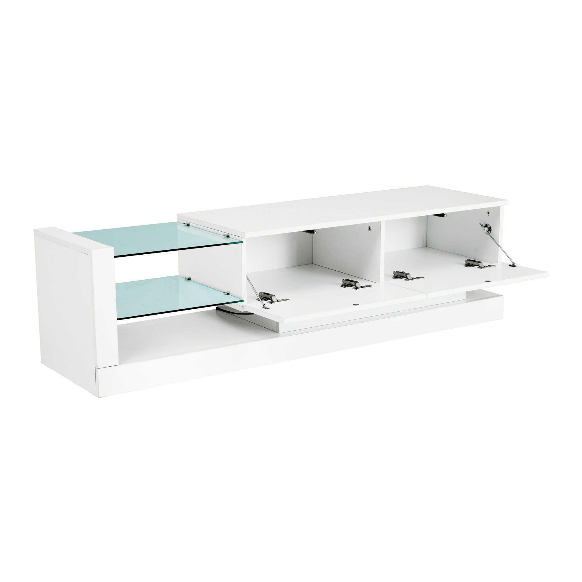 Merax Lowboard mit Glasablagen und LED-Beleuchtung, TV-Schrank hochglanz mit Klapptüren, Fernsehtisch, TV-Board, Breite:140cm