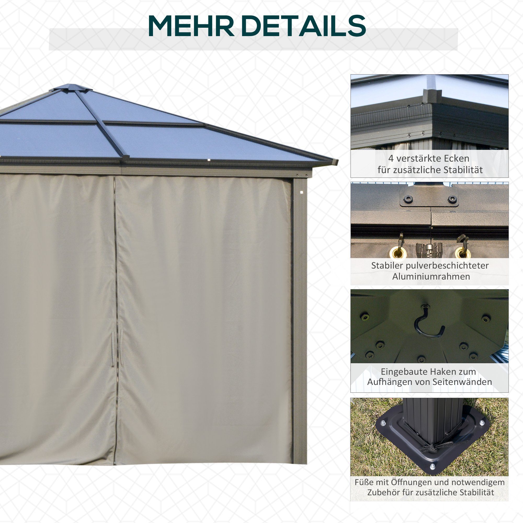 Outsunny Pavillon Pavillon, mit 4 Seitenteilen, (Set, Pavillon mit PC-Dach; 8 x Heringe), BxT: 300x300 cm