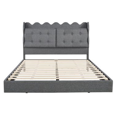 Flieks Polsterbett, LED Doppelbett 140x200cm mit Stauraumfach und Ladeanschluss Leinen