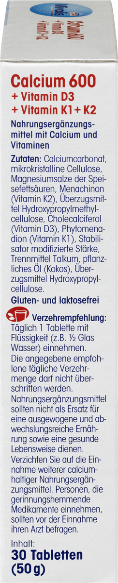 Calcium 600 + Vitamin D3 + K1 + K2, 30 St., 50 g