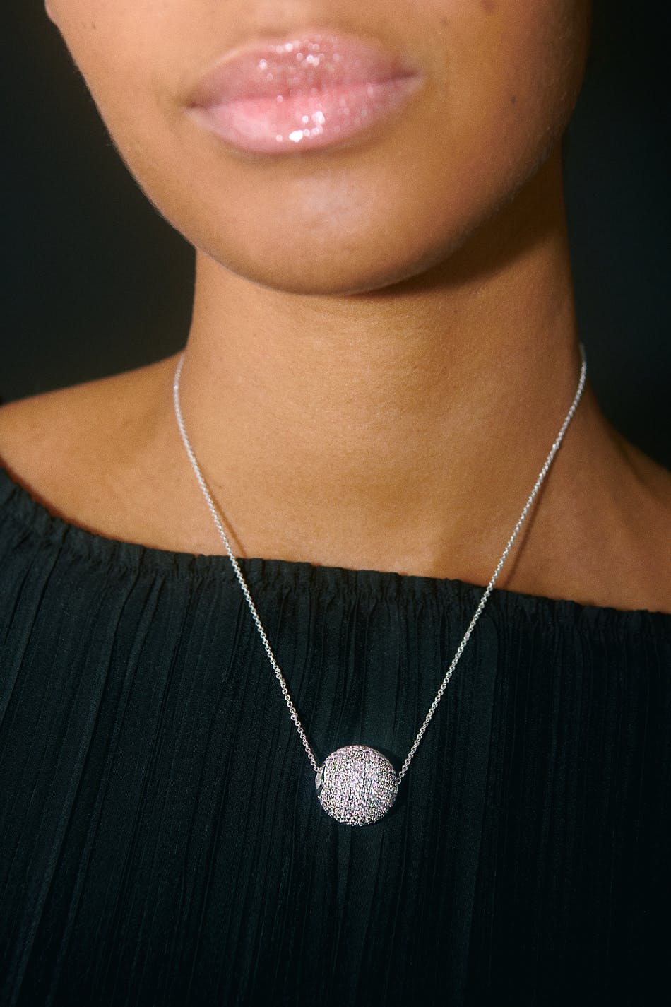 Pave silver ball necklace