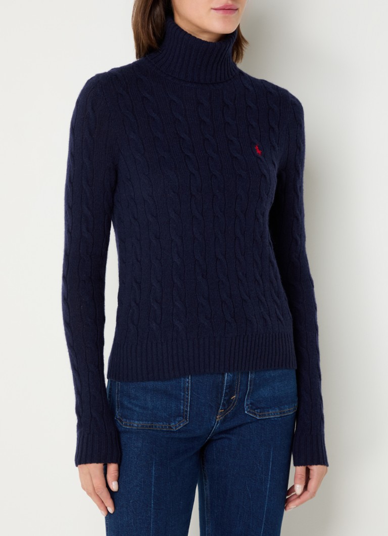 Pull à col roulé Ralph Lauren en maille torsadée, mélange cachemire, avec broderie logo.