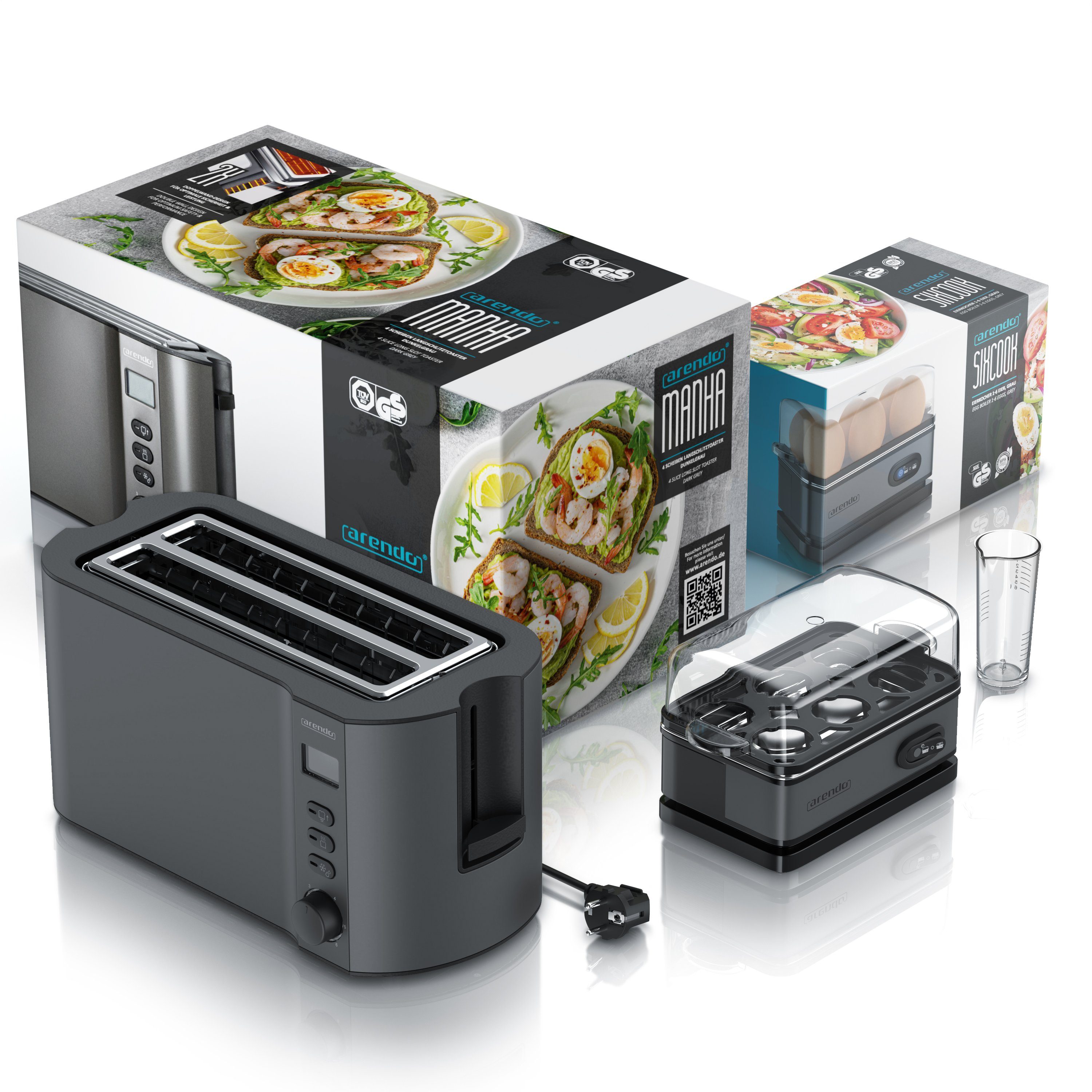 Arendo Frühstücks-Set (2-tlg), 4-Scheiben Langschlitz Toaster, 6er Eierkocher, Grau