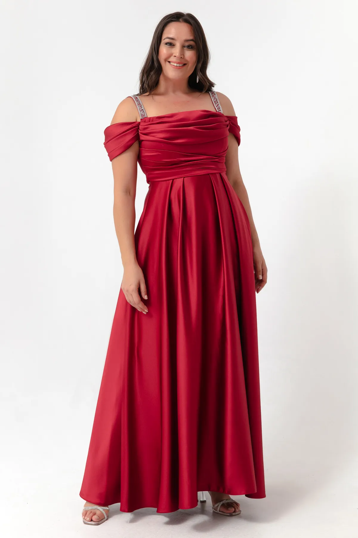 Lafaba  Damen-Abendkleid in Burgunderrot mit Steinträgern, drapiert, langes Abendkleid in Übergröße