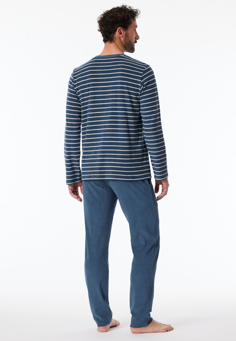 Schlafanzug lang Frottee Streifen jeansblau - Casual Nightwear