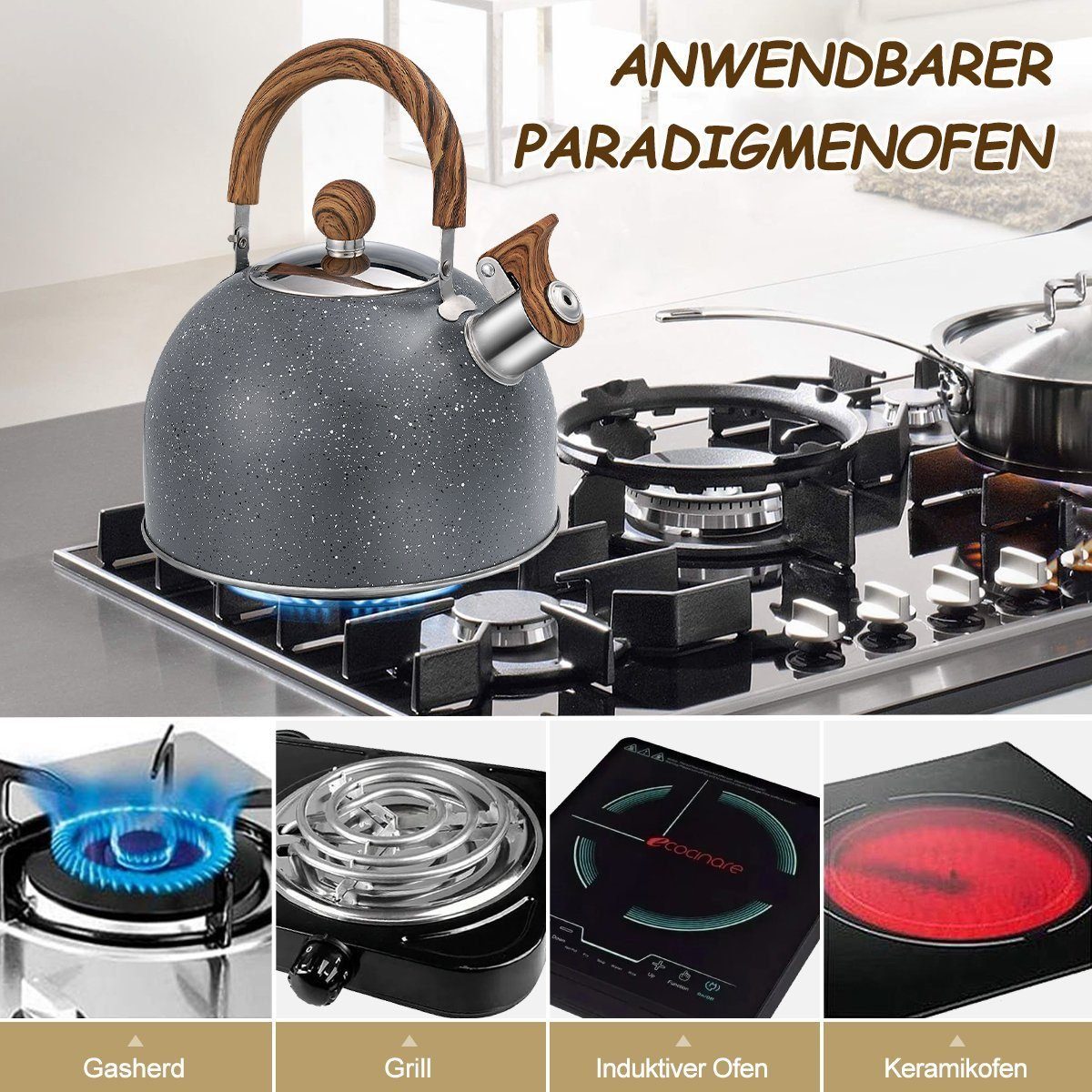 Hikeren Wasserkessel Flötenkessel,2.5L Edelstahl Wasserkocher Induktion,22*19cm,Grau