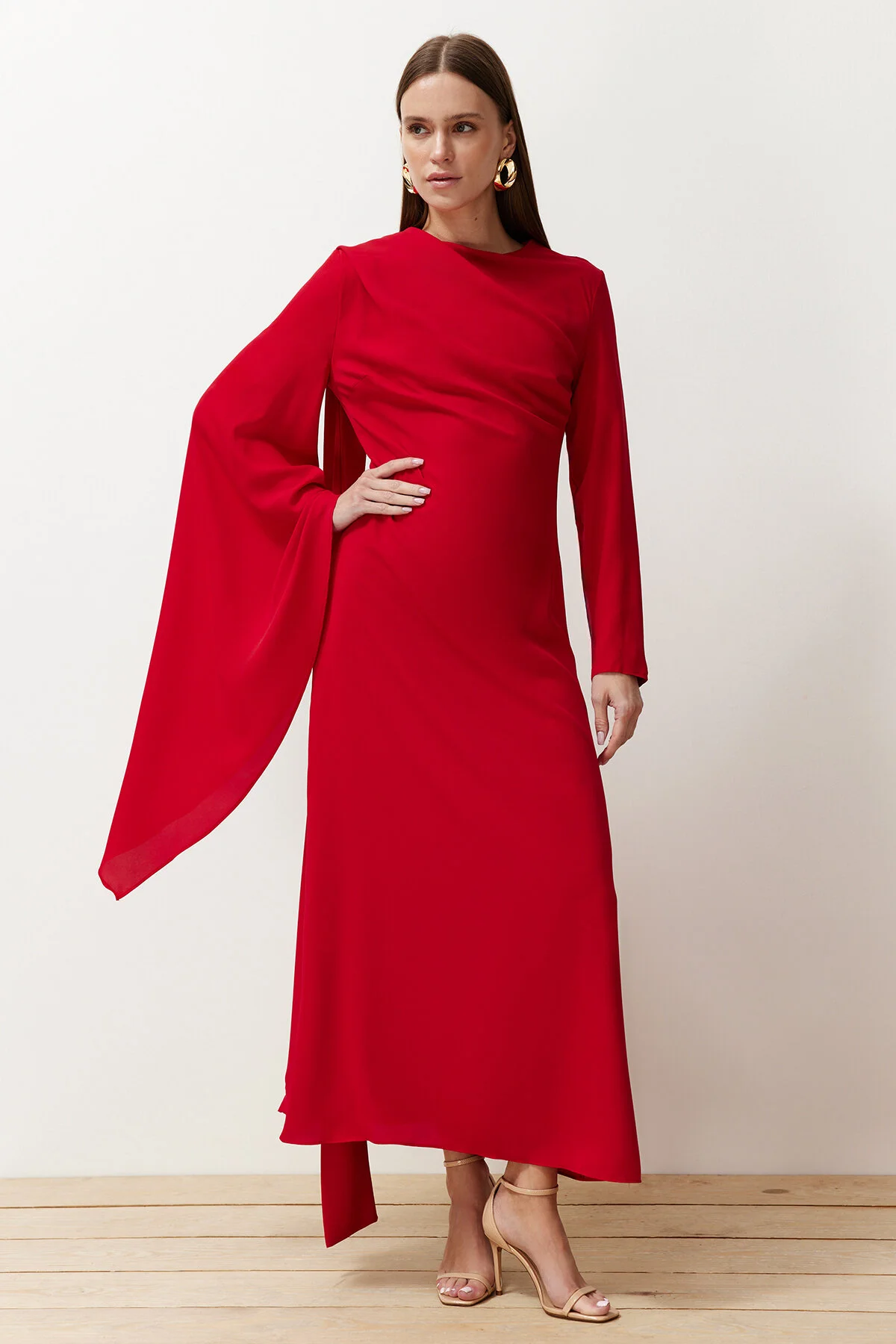 Trendyol Modest  Rotes Abendkleid mit Schaldetail - TCTSS24DB00036