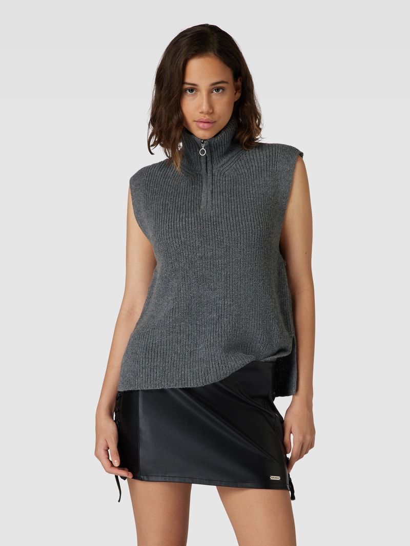 Strickpullover mit Troyer-Kragen Modell 'TIA LIFE' in dunkelgrau meliert