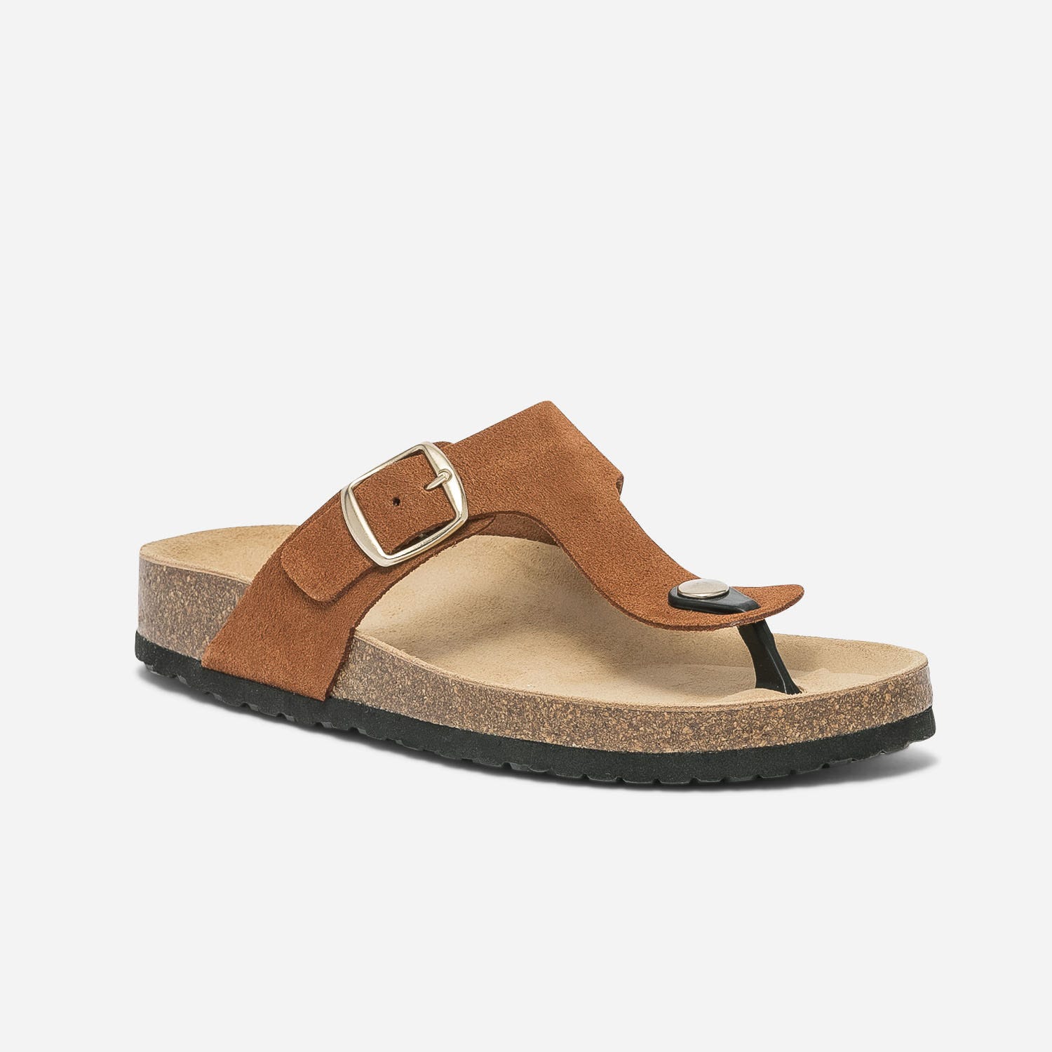 Mule-tong anatomique camel foncé en cuir velours