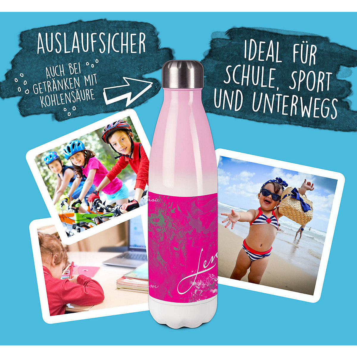 Edelstahl Kinder Thermoflasche / Trinkflasche bunt Traum Farbe pink Spülmaschinenfest, Auslaufsicher, Bruchfest, Doppelwandig, Für Heißgetränke geeignet, Mit Deckel, Isoliert