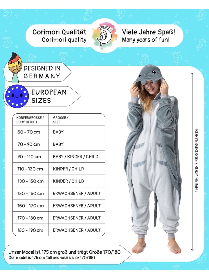 Corimori Flauschiges Manta Rochen-Kostüm für Erwachsene mit Haarreif | Kostüm Onesie in Grau günstig kaufen