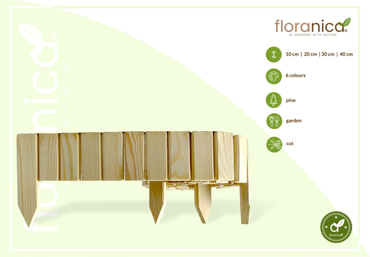 Pemicont Floranica Rollborder II Flexibler Holzzaun 203cm (kürzbar) Höhe: 10cm Unbehandelt Kiefernholz Beeteinfassung Rasenkante Beetumrandungen