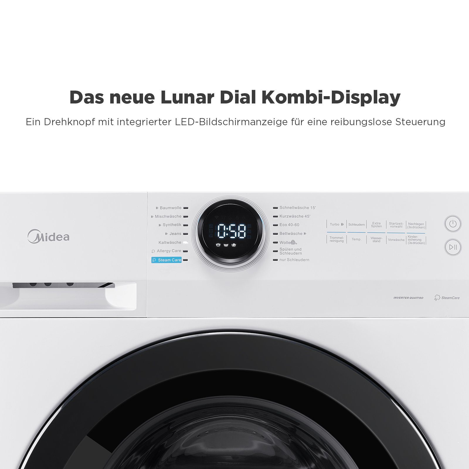 Midea Waschmaschine MF200W80B-E, 8 kg, 1400 U/min,48cm tief, Steam Care, Nachlegefunktion, Schnellwäsche