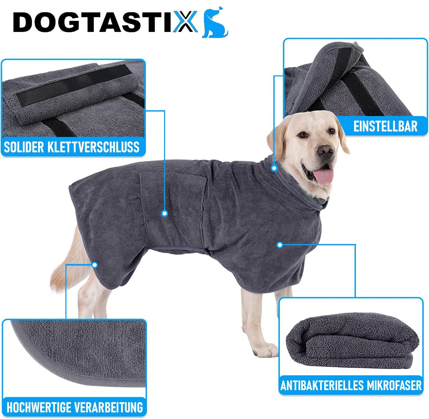 MAVURA Hundebademantel DOGTASTIX Hunde Bademantel schnelltrocknend kleine & große Rassen, - Mikrofaser - saugstark & maschinenwaschbar - verstellbar