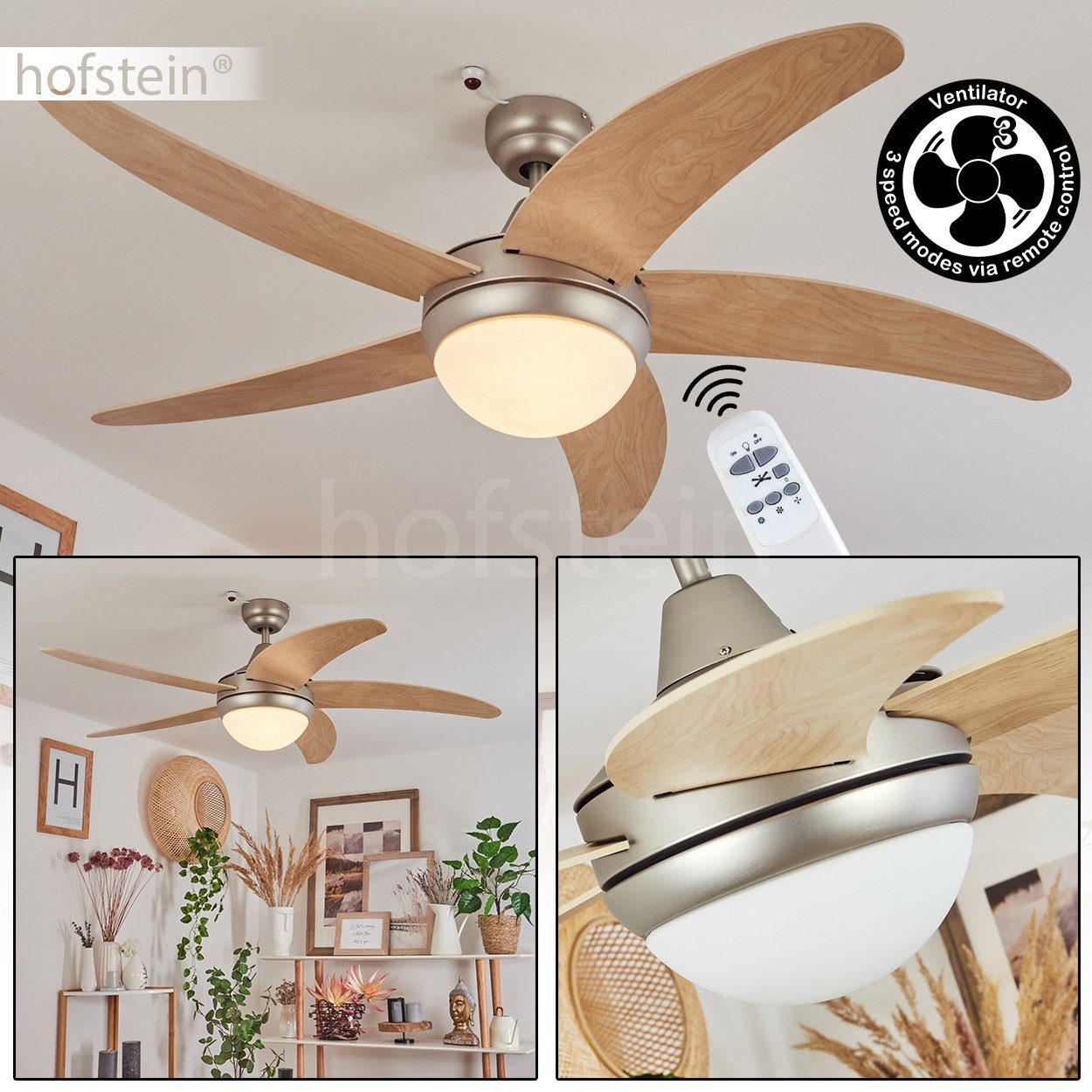 hofstein Deckenventilator Quarto Ventilator aus Metall/Holz/Glas in Nickel-matt/Natur/Weiß