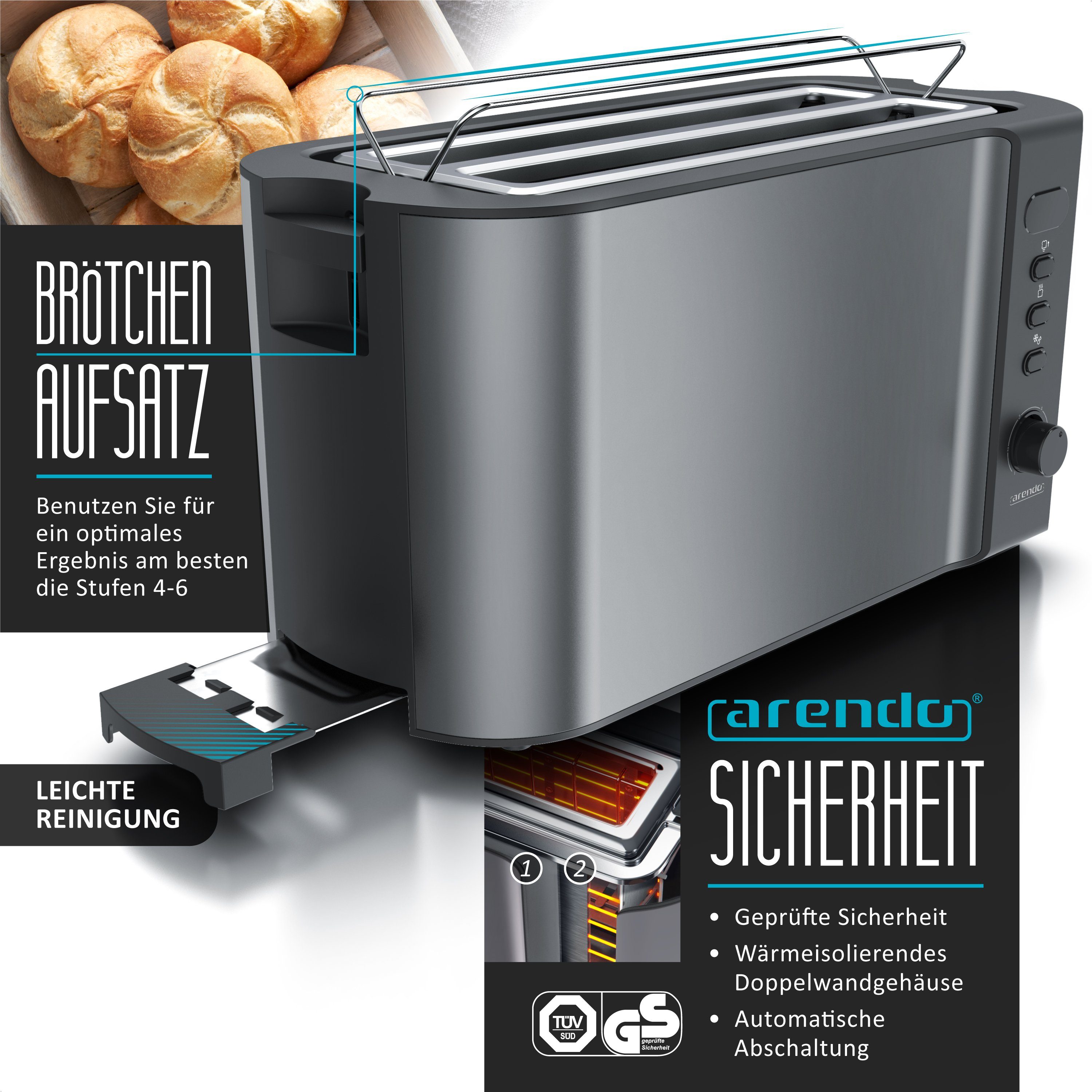 Arendo Frühstücks-Set (3-tlg), Wasserkocher 1,5l, 4-Scheiben Toaster, 7er Eierkocher, Grau