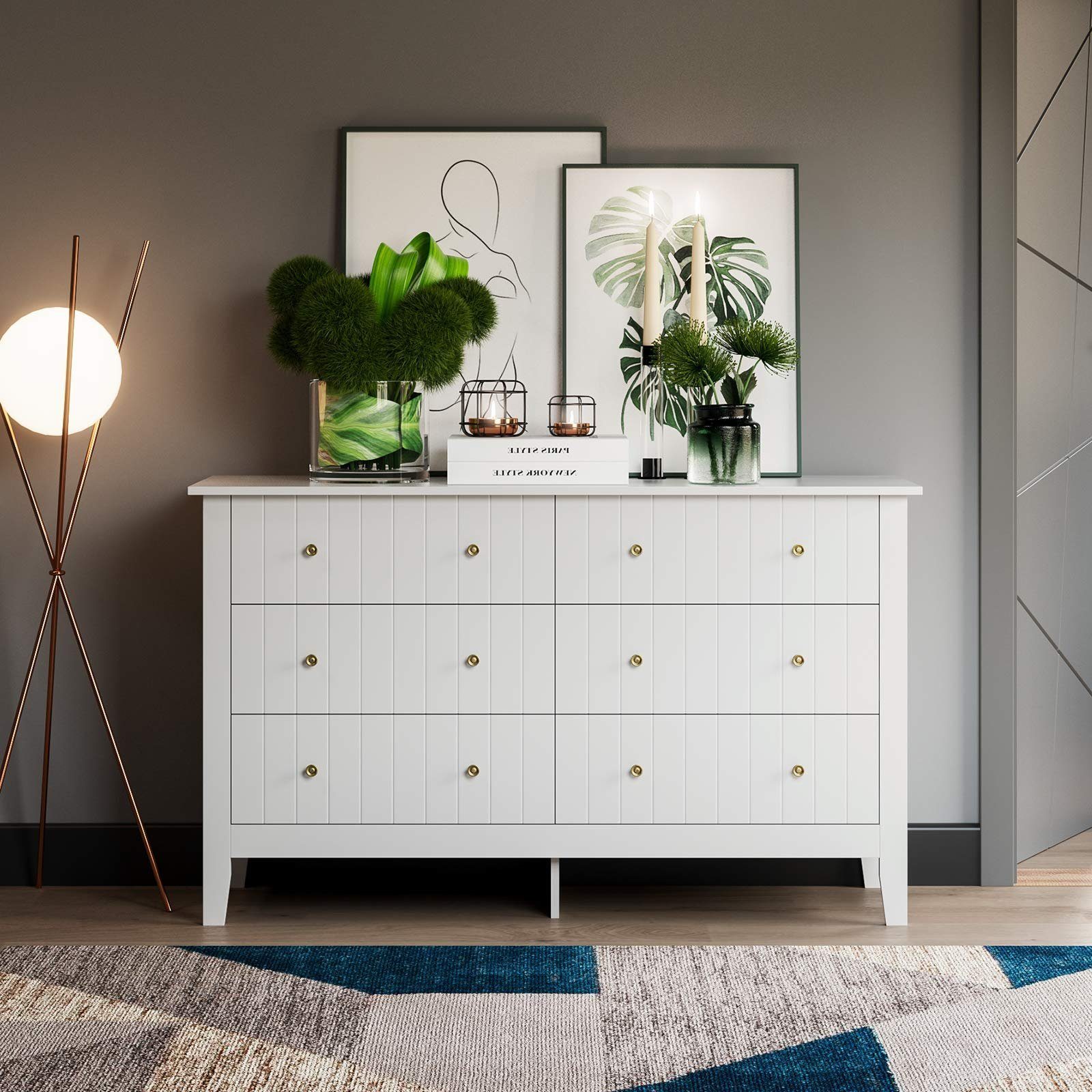 Homfa Kommode, Sideboard, Kommodenschrank, mit 6 Schubladen, weiß, 133x45x79,5cm