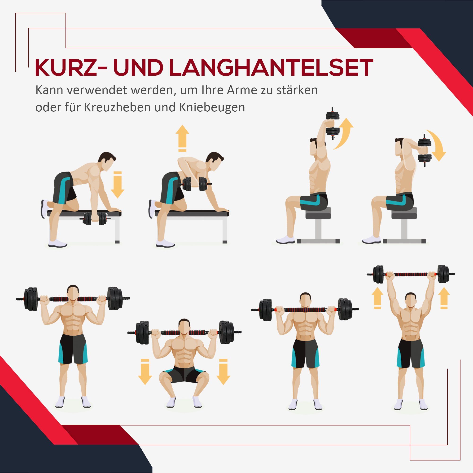HOMCOM Hantel-Set professionell Dumbbell Krafttraining und Gewichtheben für Fitness, (Set, verstellbare Kurzhantel & Langhantel), 2 in 1 Hanteln Set 25 kg