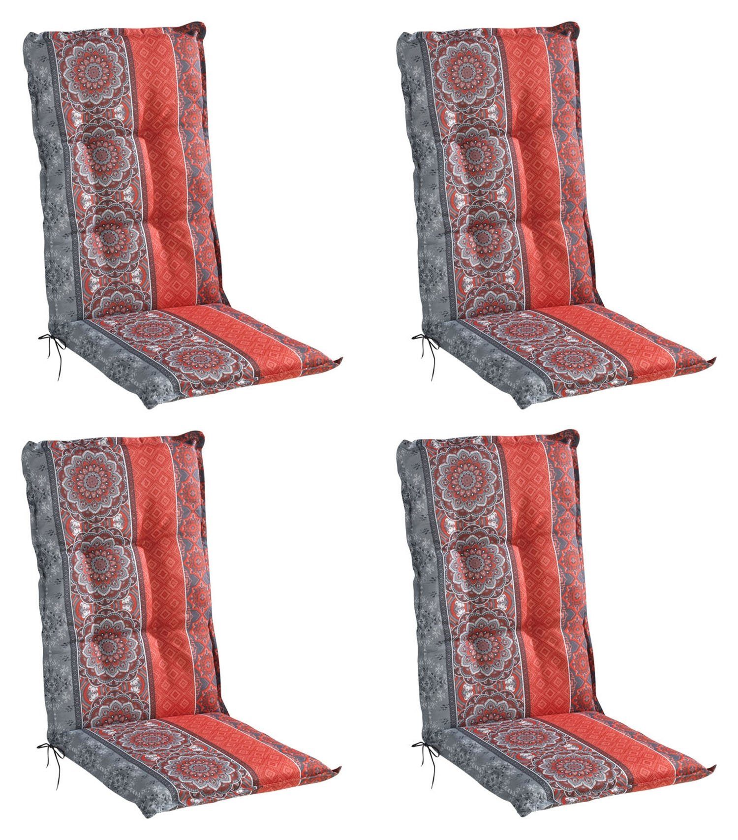 GO-DE Hochlehnerauflage FULMINA, B 50 x L 120 cm, Rot, Grau, 4er Set, (Set, 4 St), Gartenstuhlauflagen für Hochlehnstühle