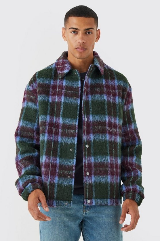 Karierte Oversize Harrington-Jacke in Wolloptik