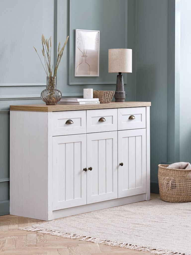 MARKSKEL chest of drawers, 3 doors, 3 drawers, white/oak