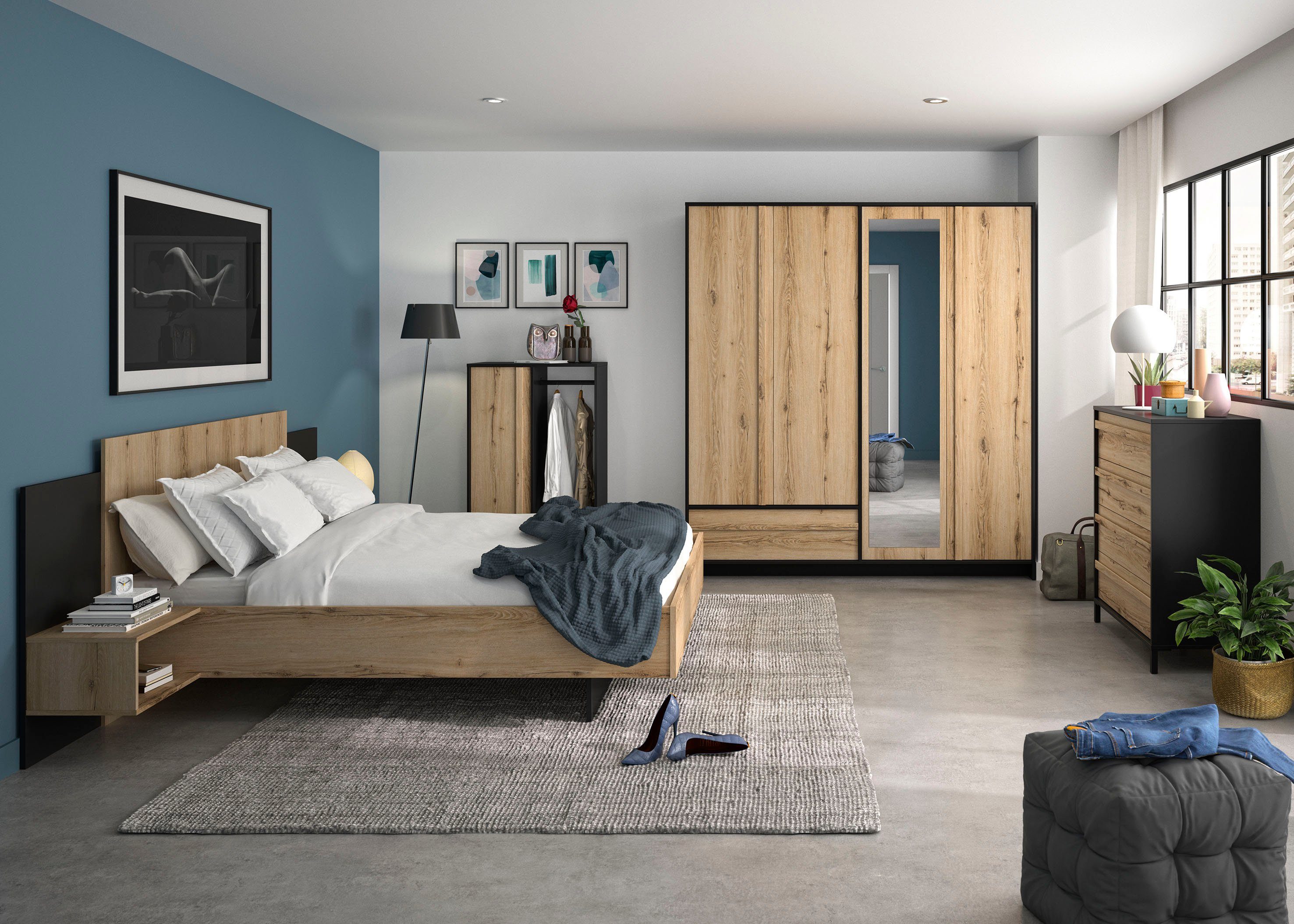 Gami Schlafzimmer-Set Mimizan, (4-St., Bett, 2x Nachttische, Kleiderschrank, Kommode, Garderobenschrank)