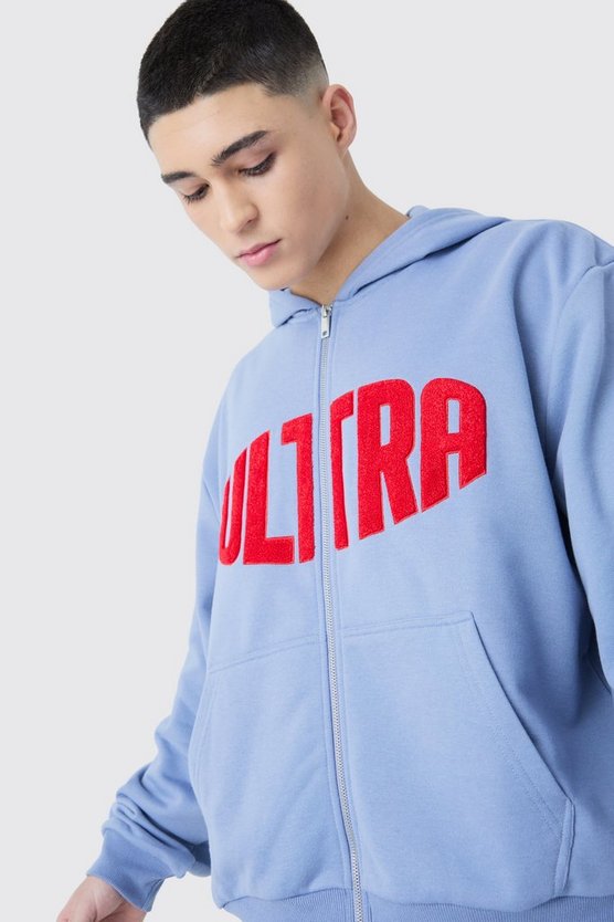 Kastiger Oversize Hoodie mit Reißverschluss und Borg-Applikation