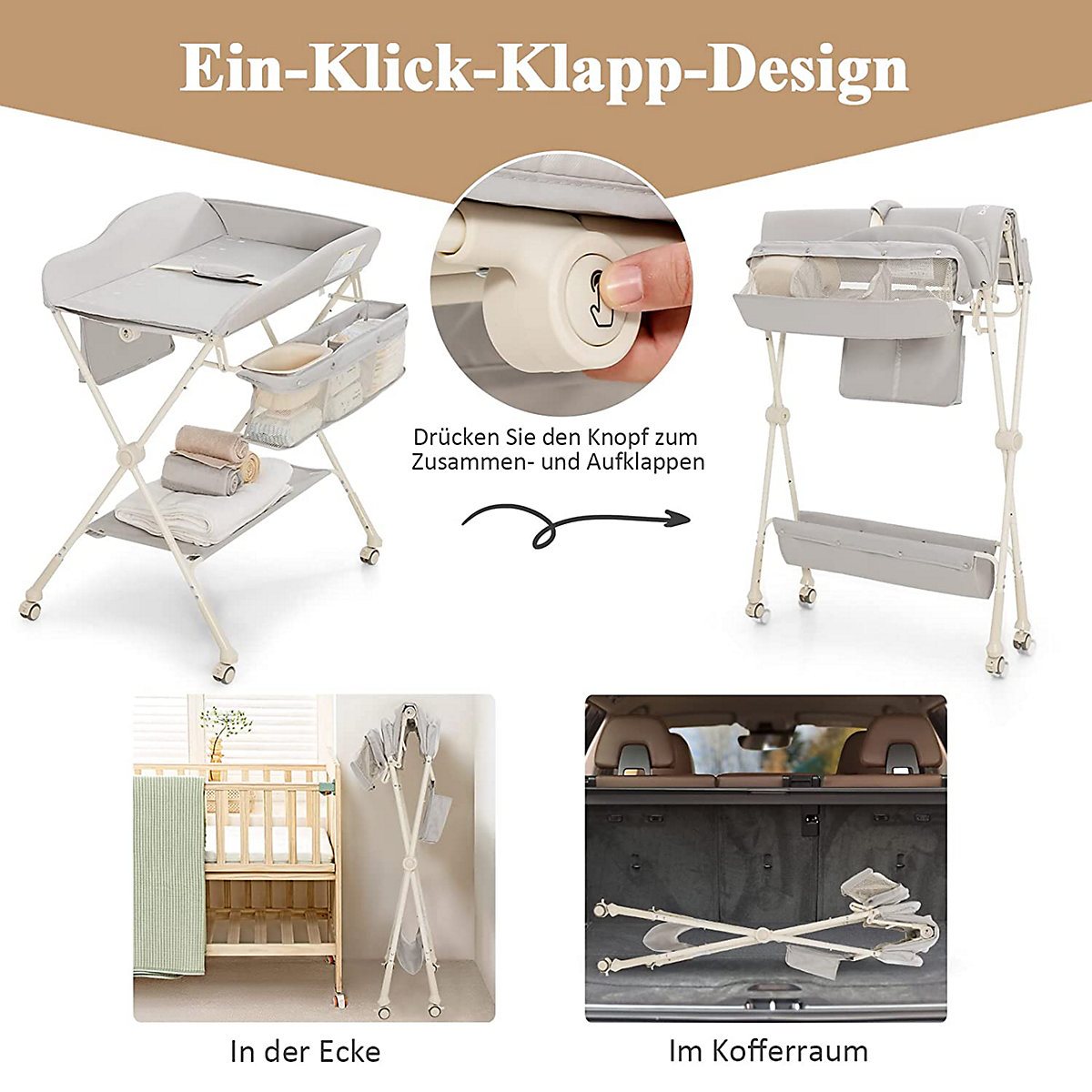 Wickeltisch Klappbar mit Wasserbecken & Rädern Wickelkommode