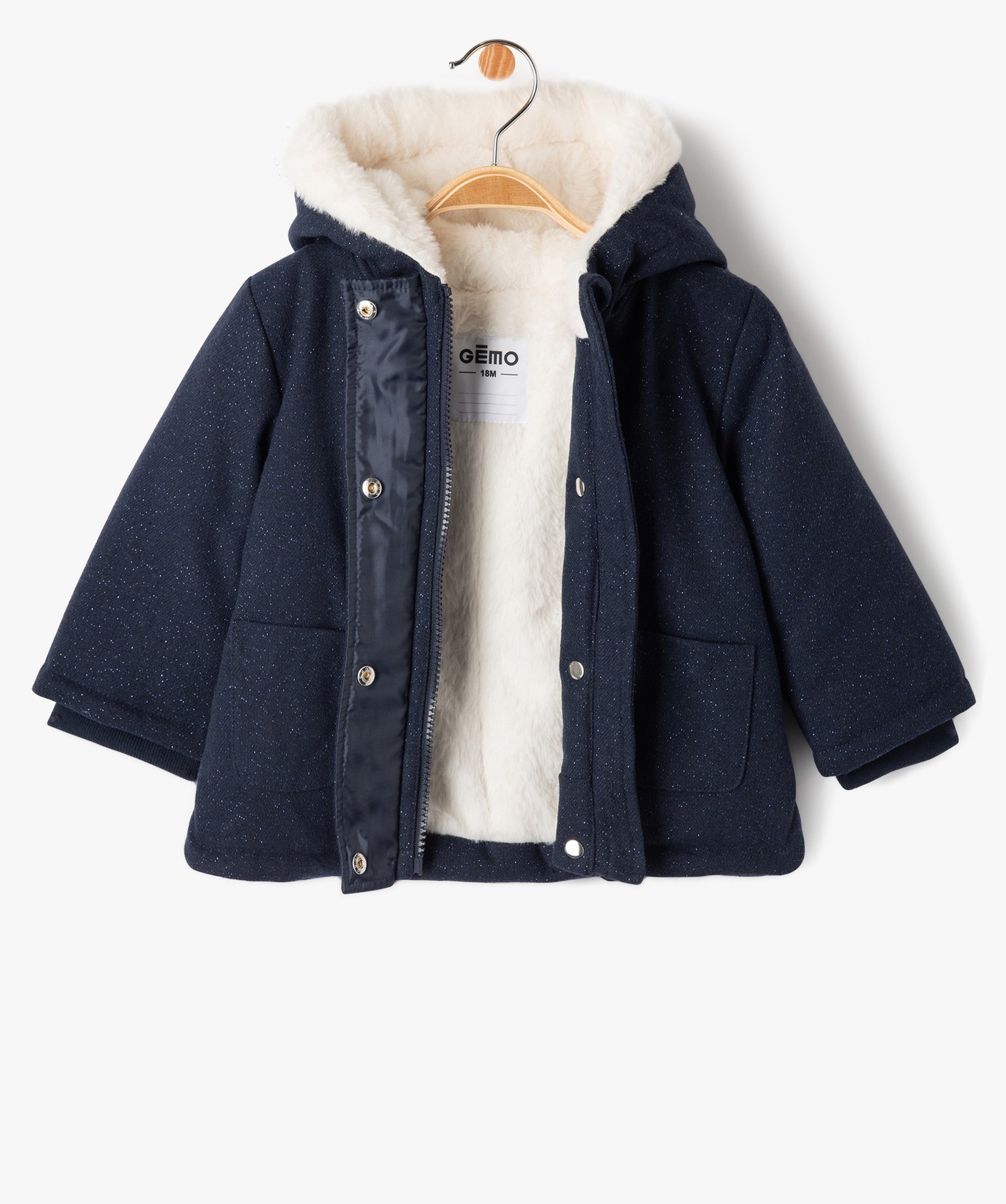 Manteau à capuche doublé peluche avec écharpe bébé fille bleu fonce | GEMO
