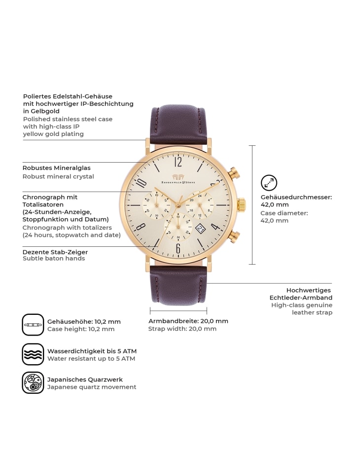 Rhodenwald & Söhne Herren Chronograph gelbgold Echtleder braun in braun günstig kaufen 21 cm