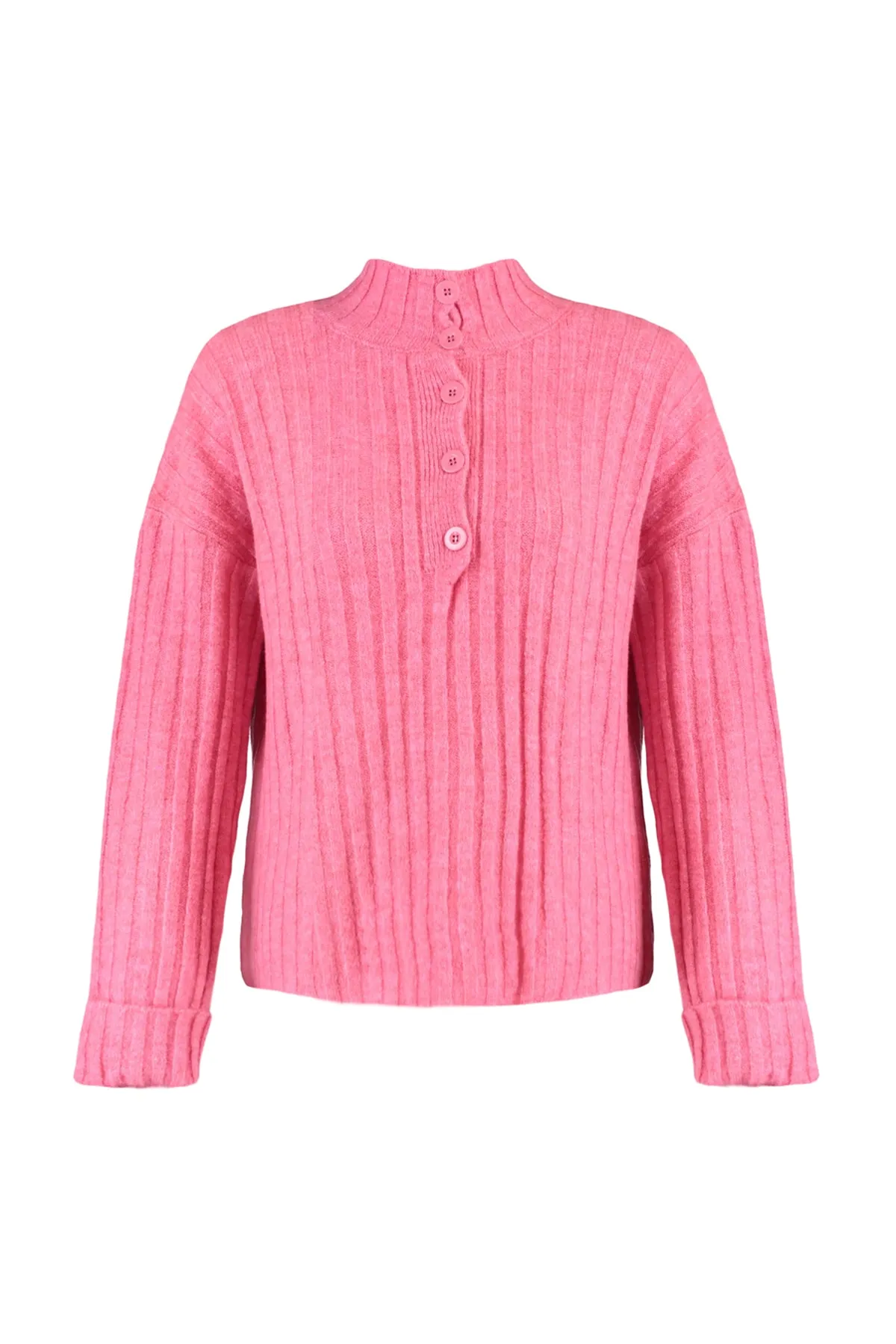 Trendyol Collection  Rosa, kurz geschnittene, weich strukturierte Strickjacke mit Stehkragen TWOAW22HI0174