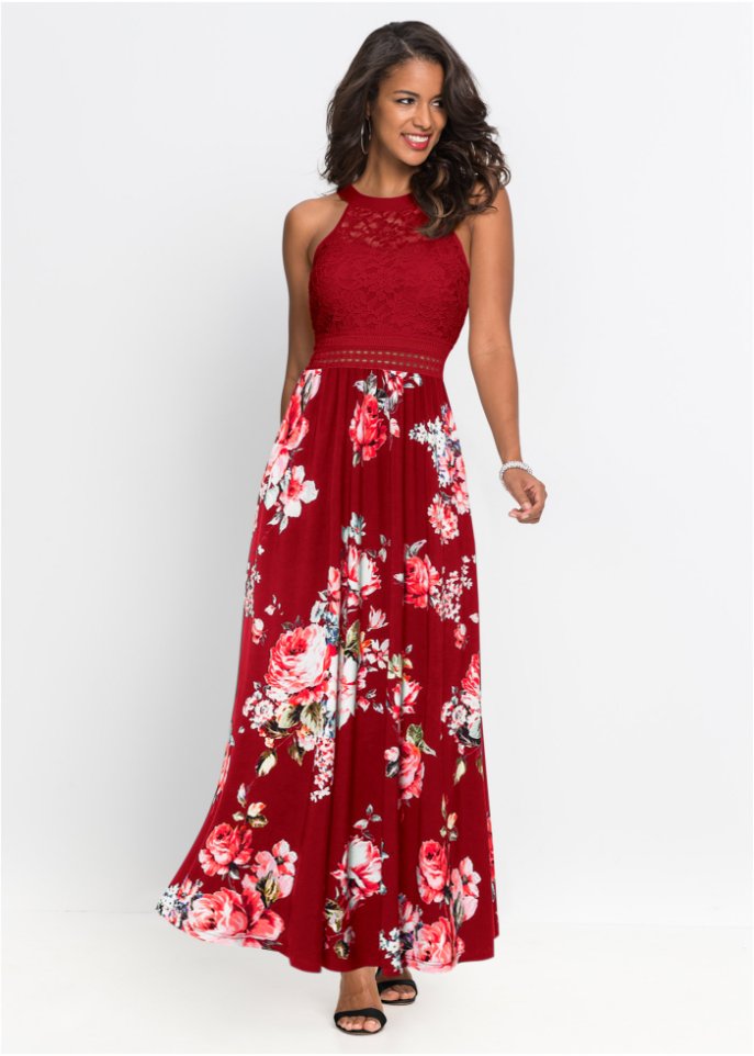 Sommer-Maxikleid mit Blumen-Print und Spitze